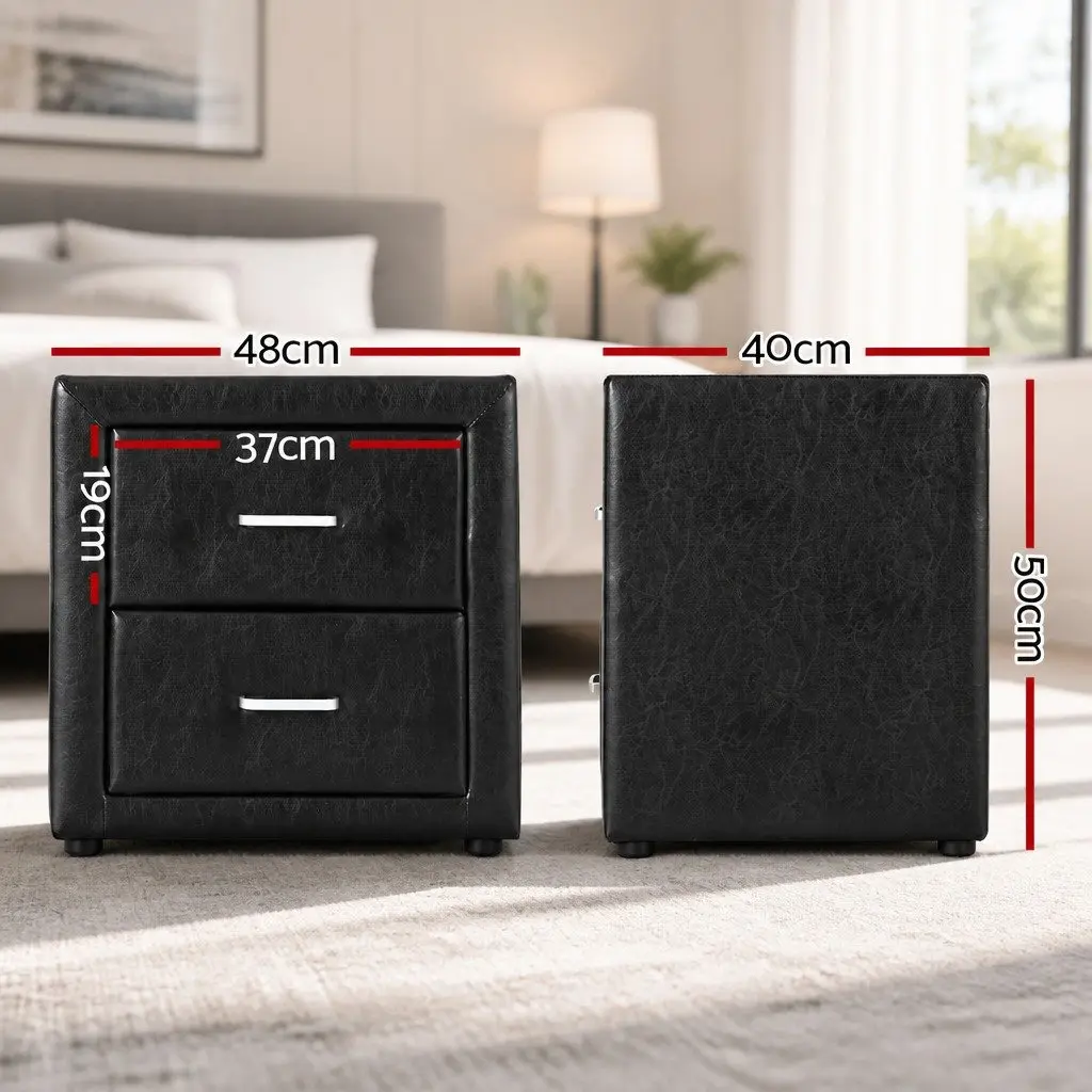 Bedside Table Black 48cm W 40cm D 50cm H Two Drawers Modern Bedroom Furniture Storage