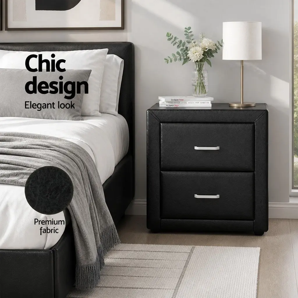 Bedside Table Black 48cm W 40cm D 50cm H Two Drawers Modern Bedroom Furniture Storage