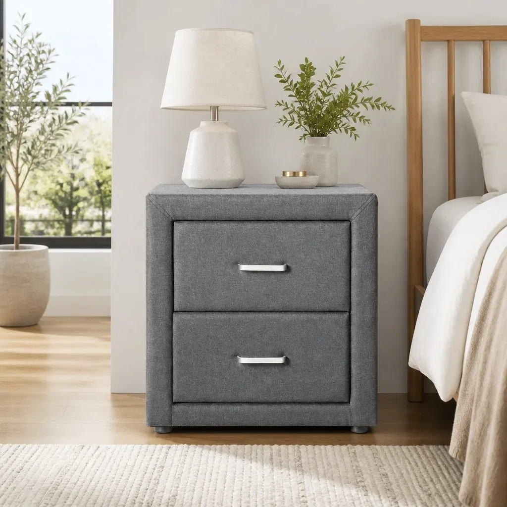 Bedside Table Grey Linen Fabric 2 Drawers Modern Bedroom Storage Side Table