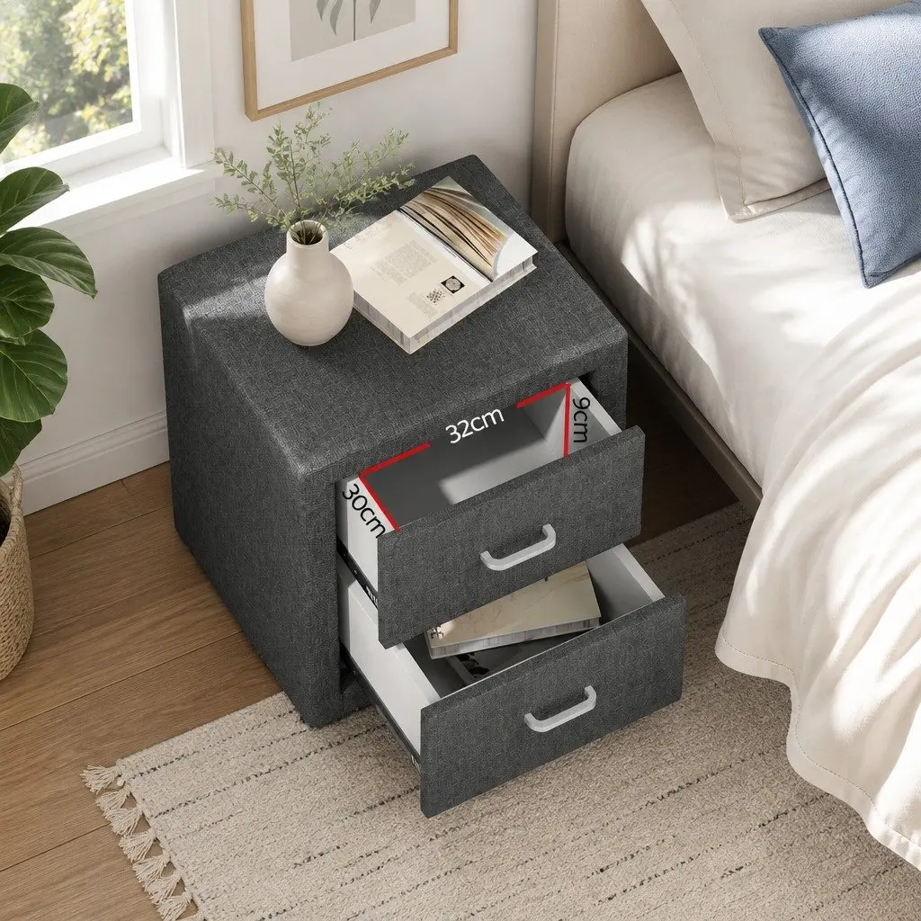 Bedside Table Grey Linen Fabric 2 Drawers Modern Bedroom Storage Side Table