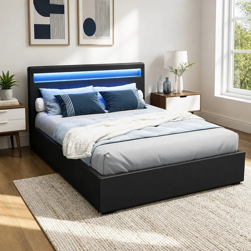 Double Bed Frame Gas Lift Storage LED Headboard Black Bedroom Furniture