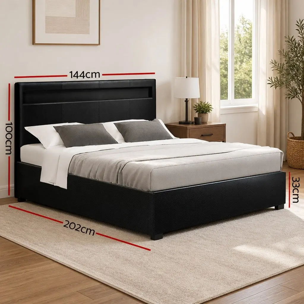 Double Bed Frame Gas Lift Storage LED Headboard Black Bedroom Furniture