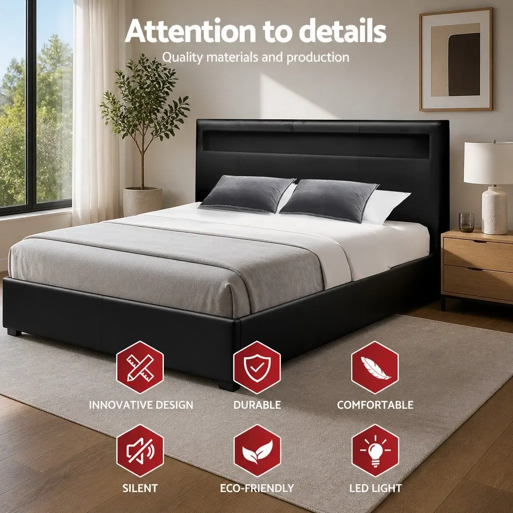 Double Bed Frame Gas Lift Storage LED Headboard Black Bedroom Furniture