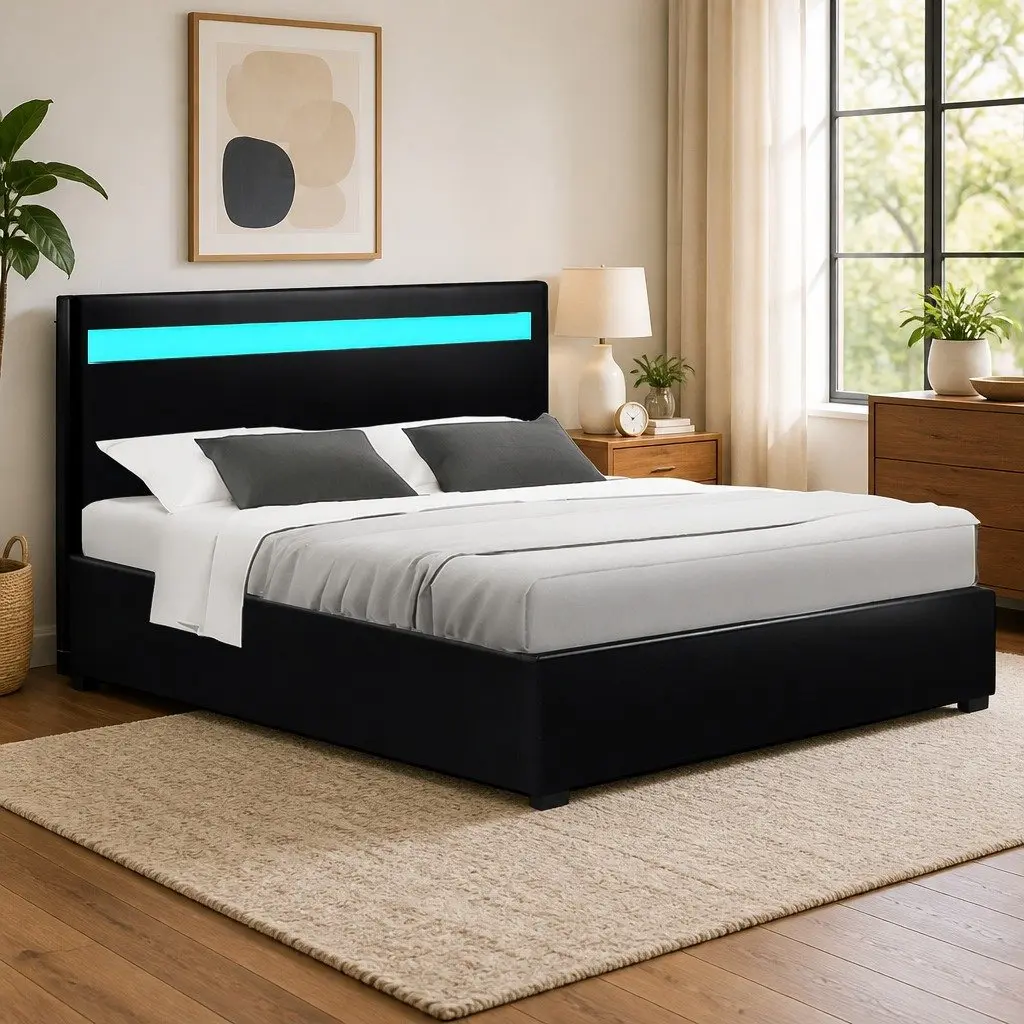 Double Bed Frame Gas Lift Storage LED Headboard Black Bedroom Furniture