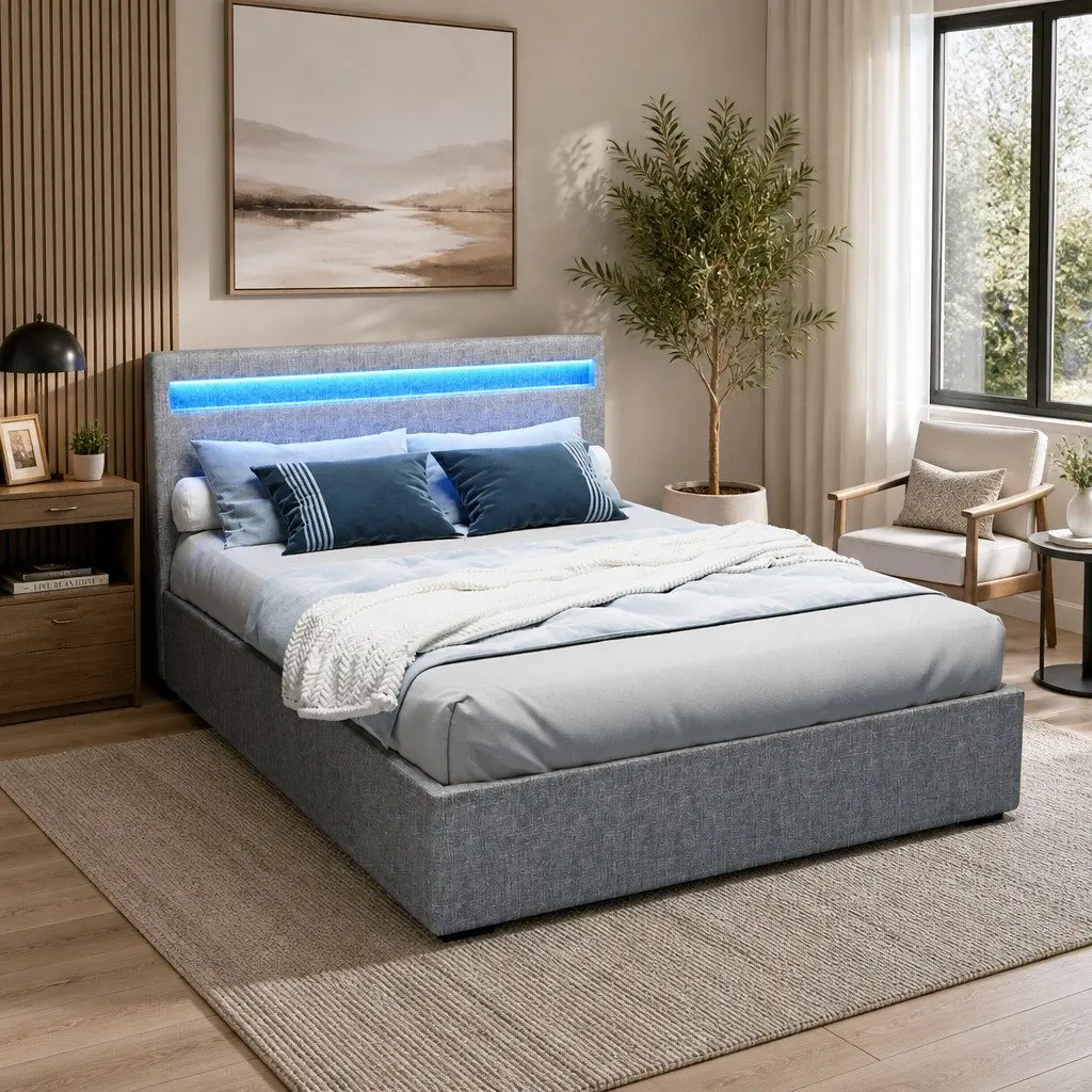 Grey Double Bed Frame with LED Lighting Options