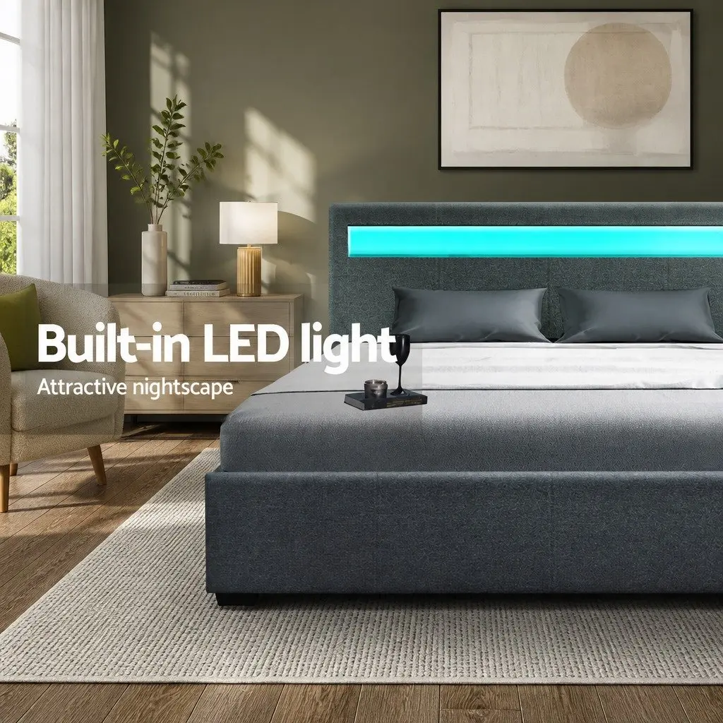 Grey Double Bed Frame with LED Lighting Options
