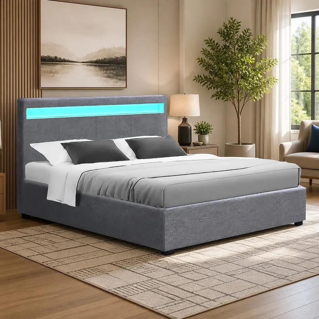 Grey Double Bed Frame with LED Lighting Options