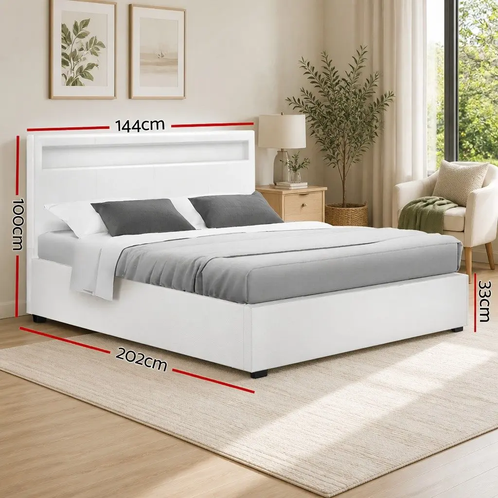 Double Bed Frame White Gas Lift Storage LED Headboard