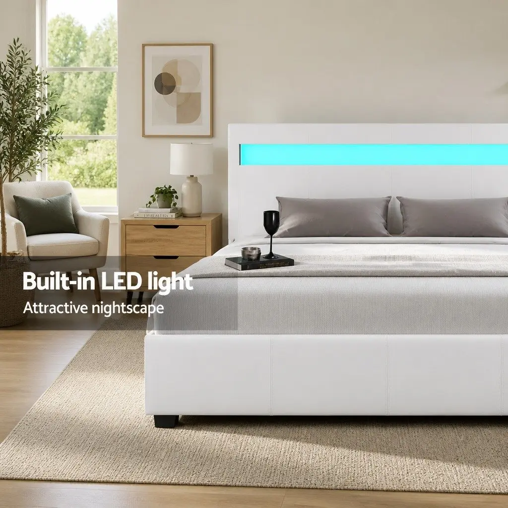 Double Bed Frame White Gas Lift Storage LED Headboard