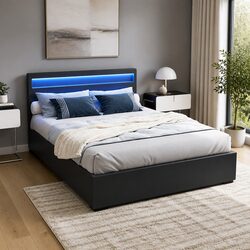 Queen Size Gas Lift Bed Frame with LED Lighting Storage Headboard Black