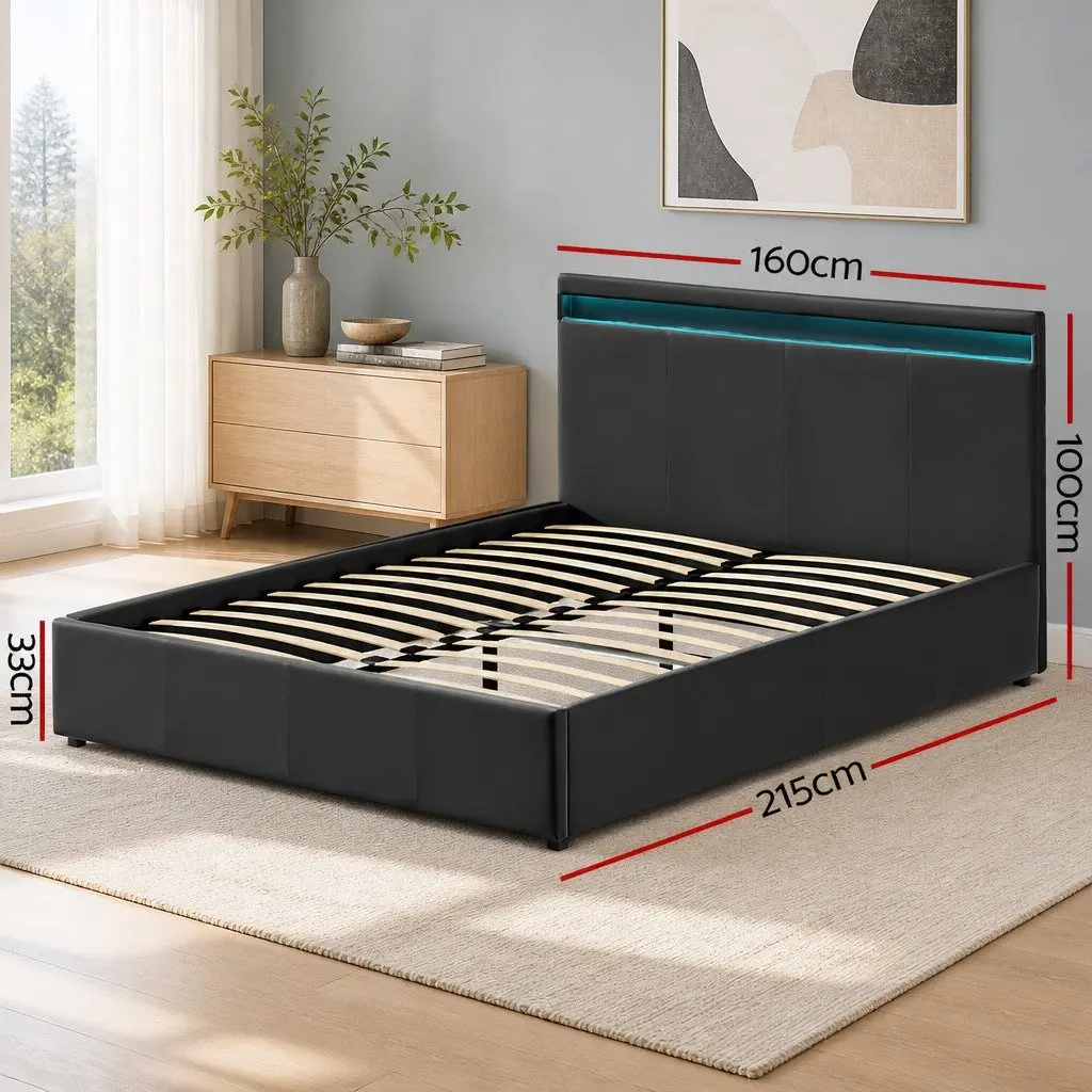 Queen Size Bed Frame Black Gas Lift with LED Lighting Storage Headboard