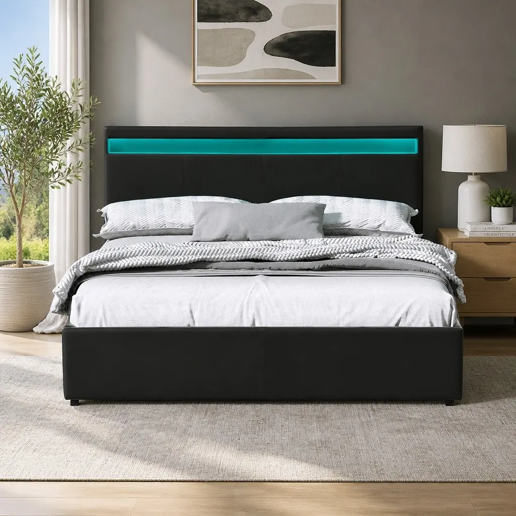 Queen Size Bed Frame Black Gas Lift with LED Lighting Storage Headboard