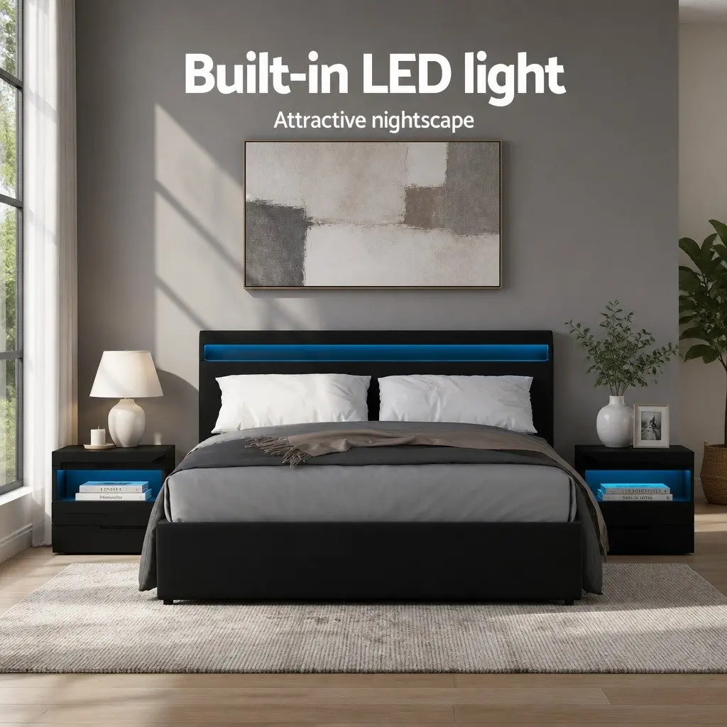Queen Size Bed Frame Black Gas Lift with LED Lighting Storage Headboard