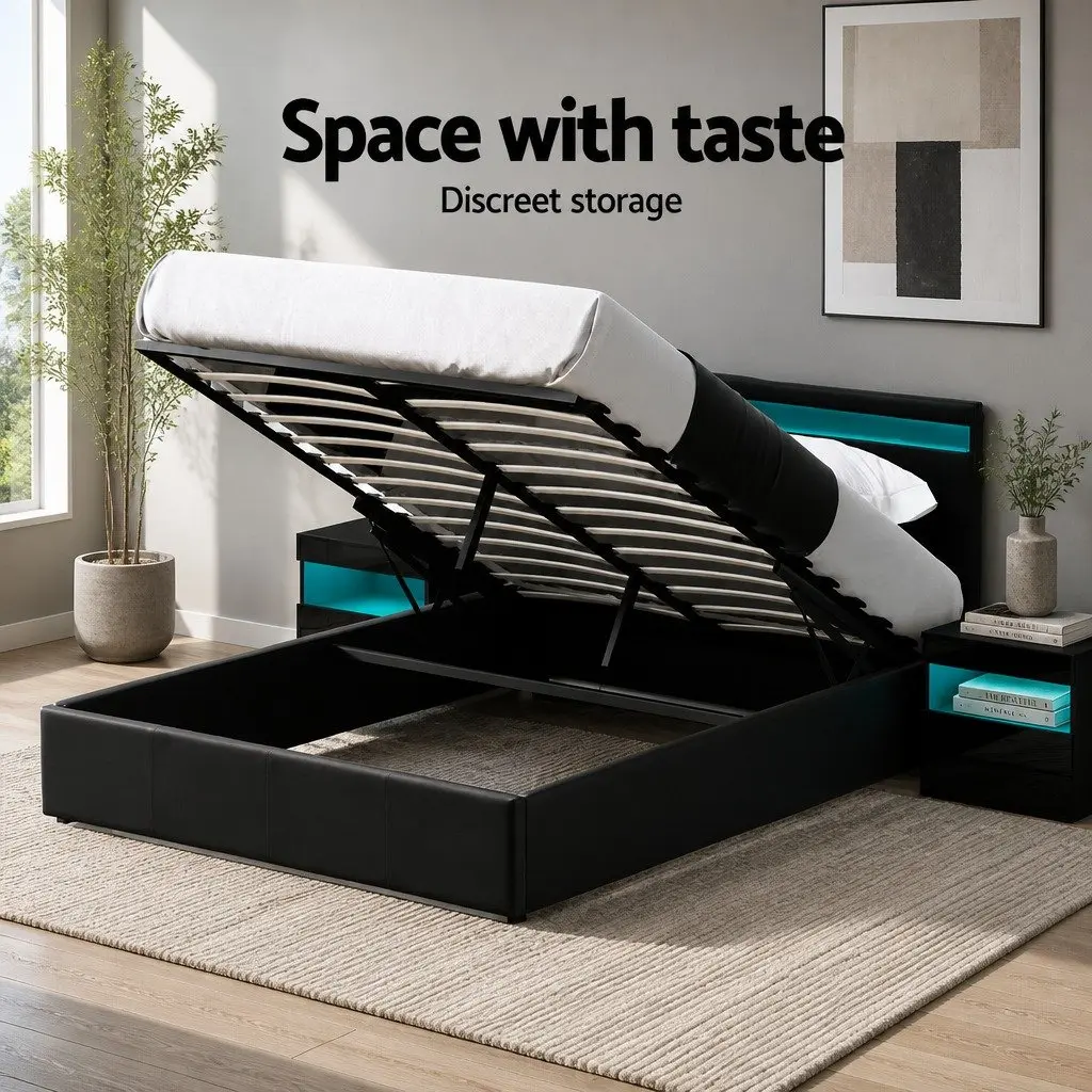 Queen Size Bed Frame Black Gas Lift with LED Lighting Storage Headboard