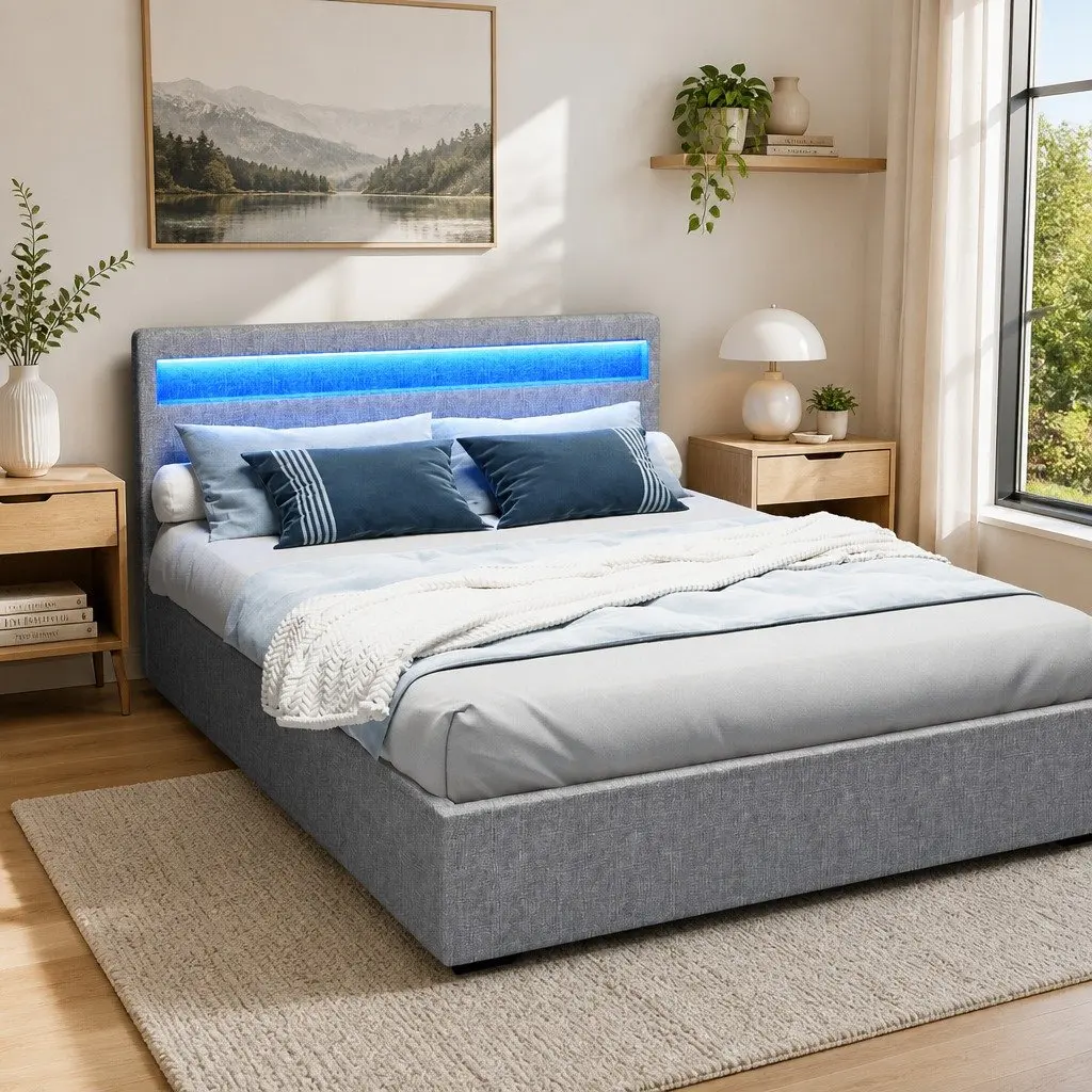 Queen Size Bed Frame Grey Gas Lift with LED Headboard Storage
