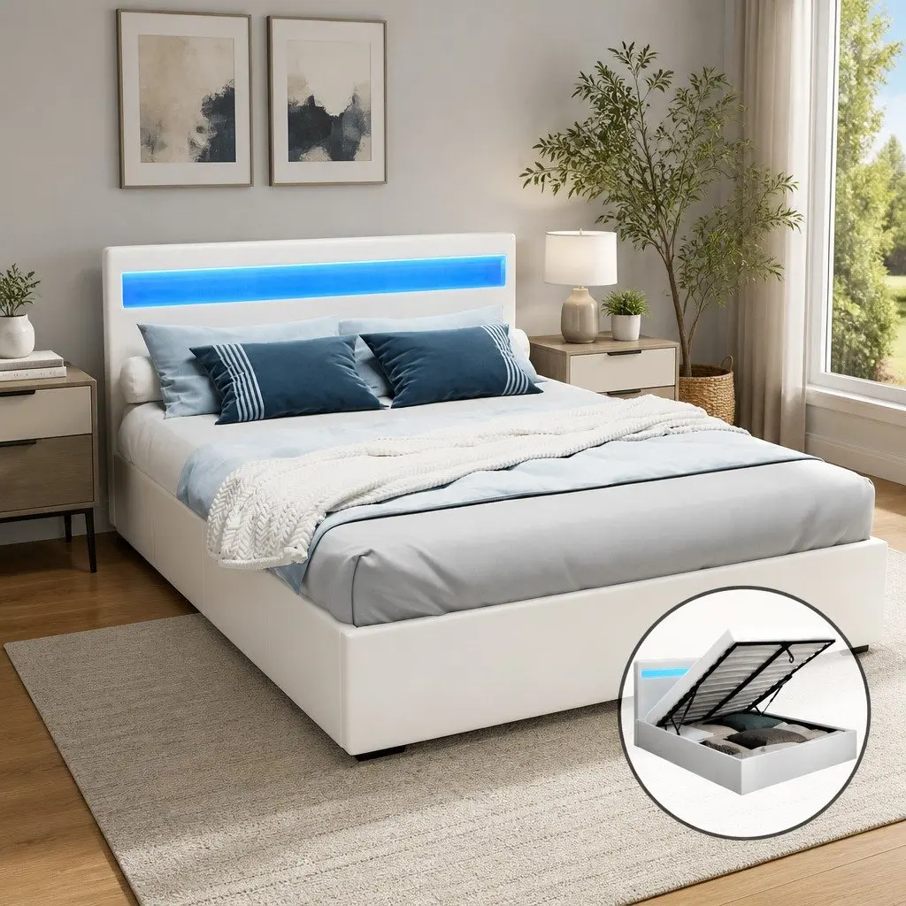 Queen Size White LED Gas Lift Storage Bed Frame with Upholstered Headboard