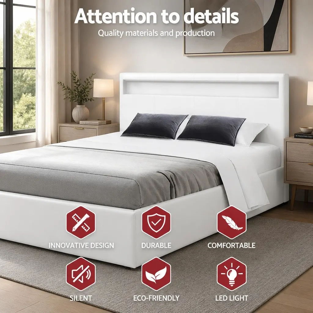 Queen Size White LED Gas Lift Storage Bed Frame with Upholstered Headboard