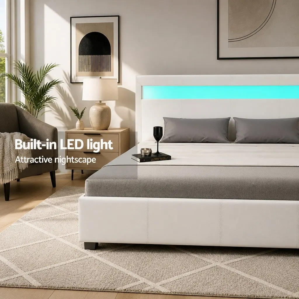 Queen Size White LED Gas Lift Storage Bed Frame with Upholstered Headboard