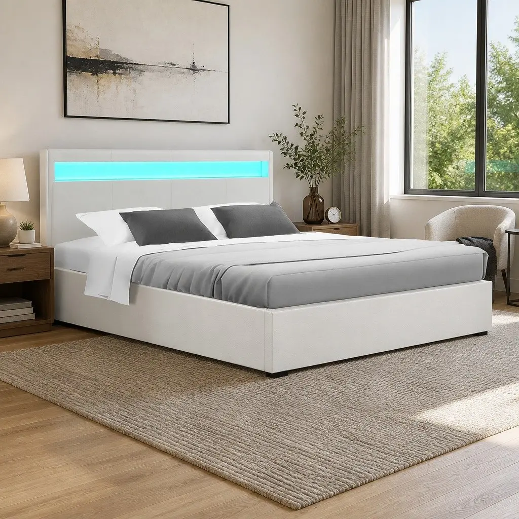 Queen Size White LED Gas Lift Storage Bed Frame with Upholstered Headboard