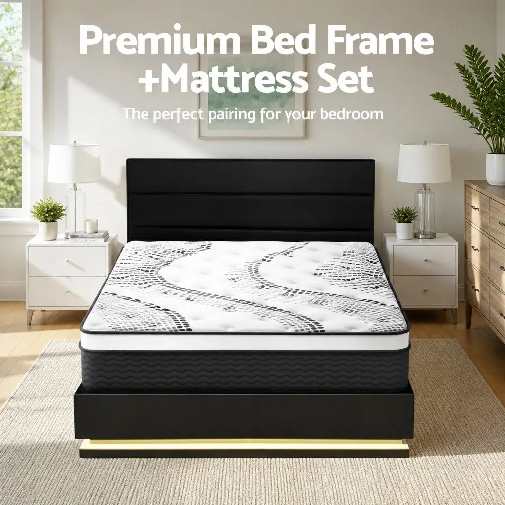 Queen Bed Frame Black with LED Lighting and 32cm Mattress Set