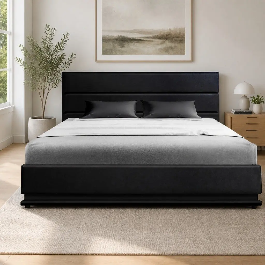 Bed Frame Double Size LED Gas Lift Storage Black Upholstered PVC Leather