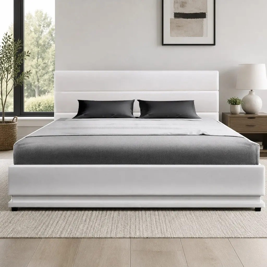 Double Bed Frame White Upholstered Gas Lift Storage LED Lighting