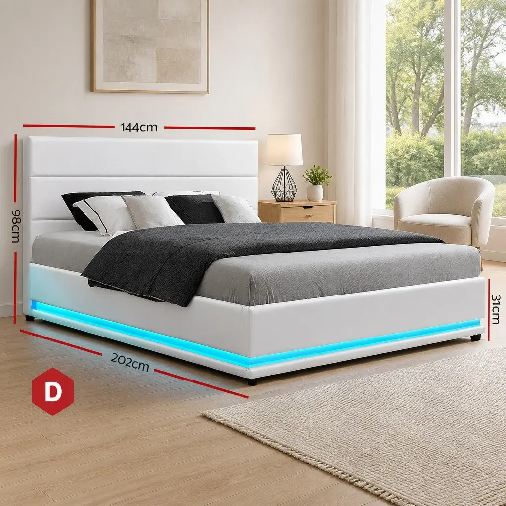 Double Bed Frame White Upholstered Gas Lift Storage LED Lighting