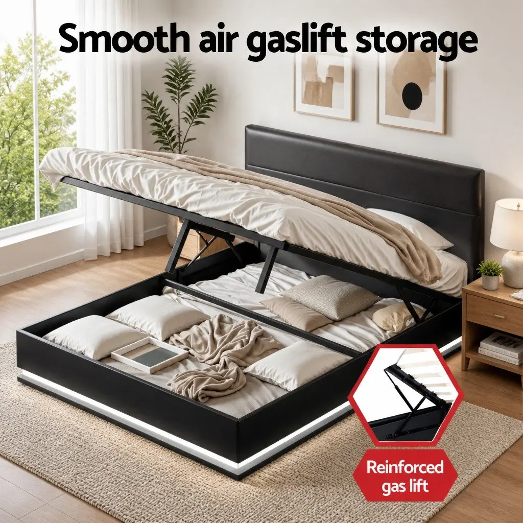 Queen Size Black Upholstered Bed Frame with Gas Lift Storage and LED Lighting