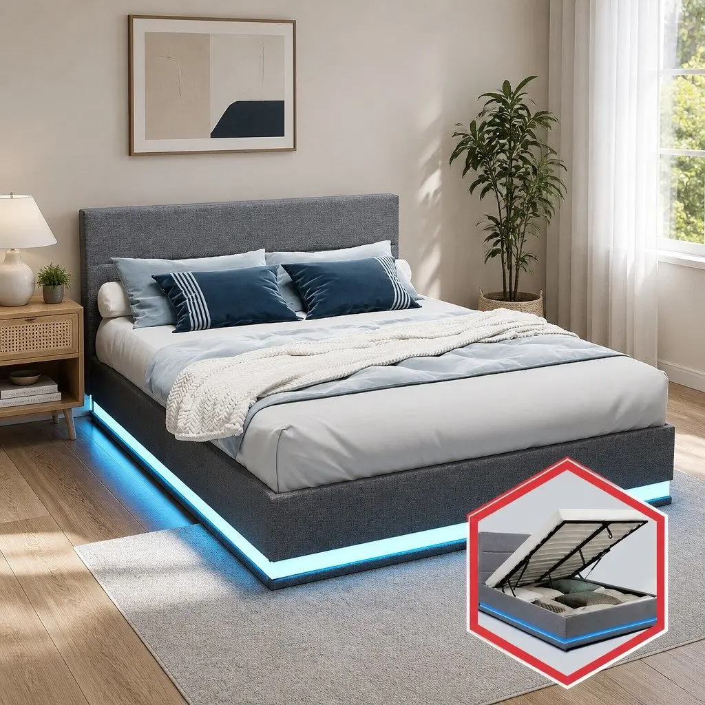 Queen Size Bed Frame Grey Gas Lift Storage with LED Light Upholstered Headboard