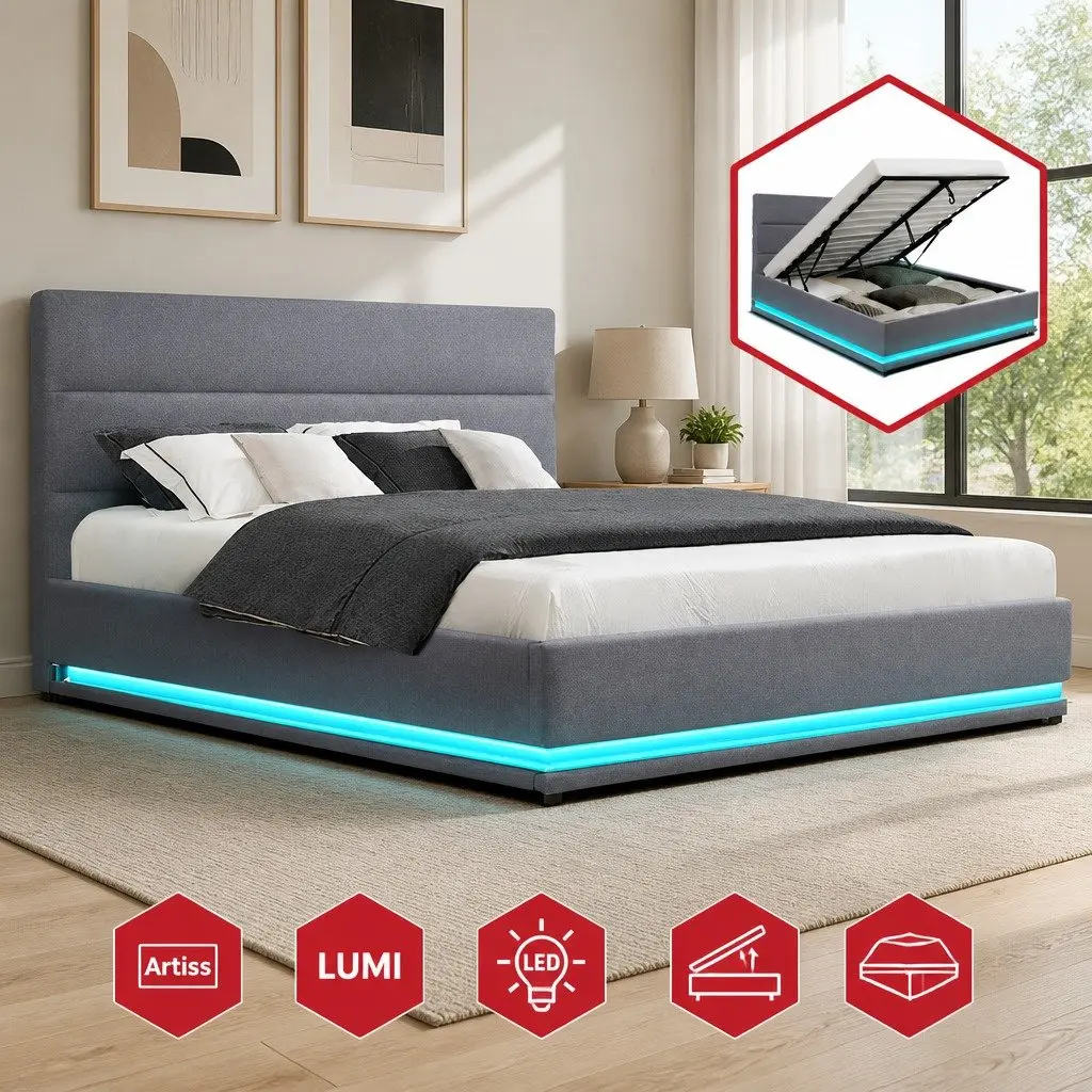 Queen Size Bed Frame Grey Gas Lift Storage with LED Light Upholstered Headboard