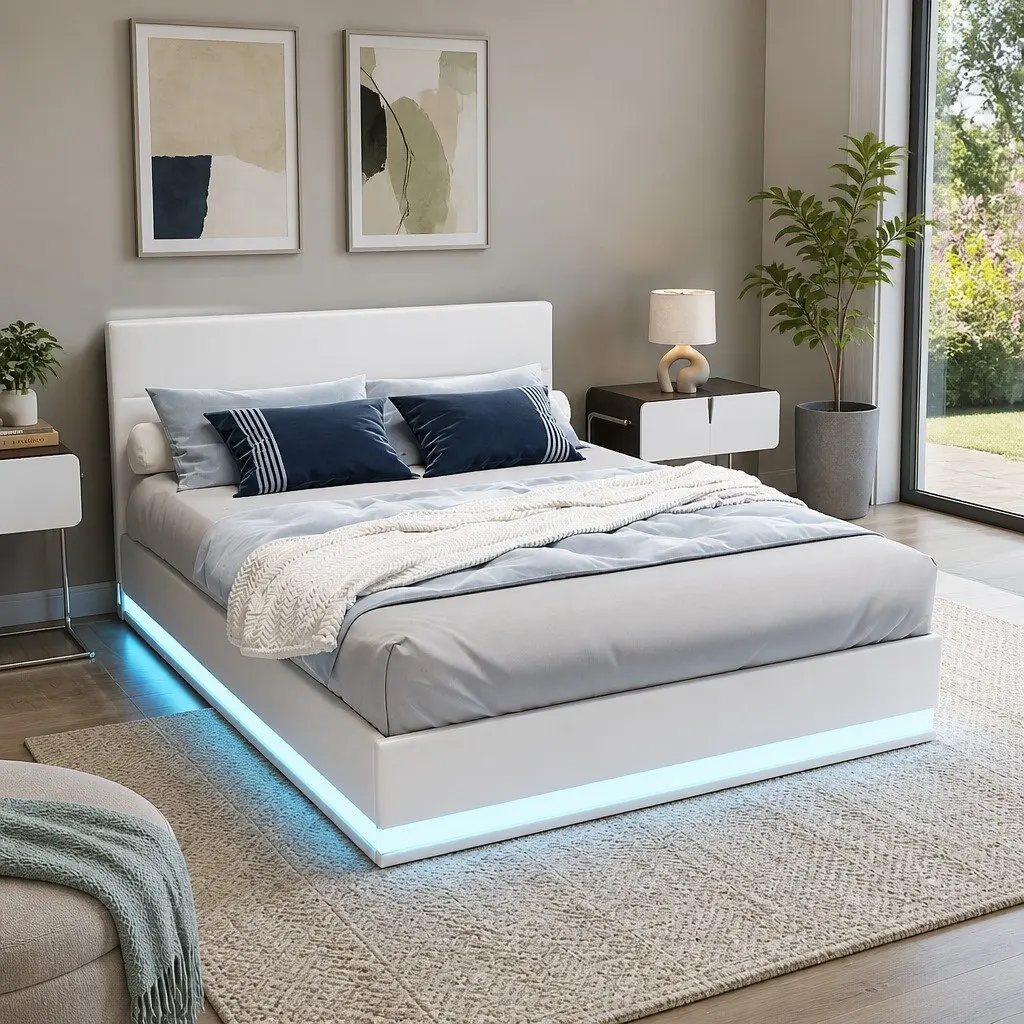 Queen Size Bed Frame White Gas Lift with LED Lights Storage Padded Headboard