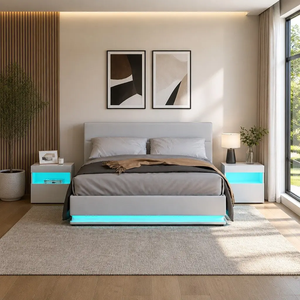 Queen Size Bed Frame White Gas Lift with LED Lights Storage Padded Headboard