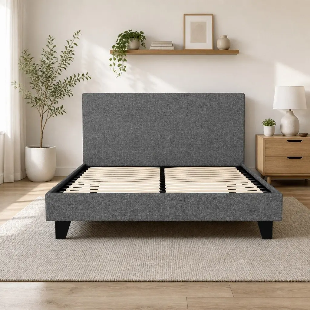 Grey Upholstered Double Bed Frame Solid Wood Modern Padded Headboard Wooden Slat Base