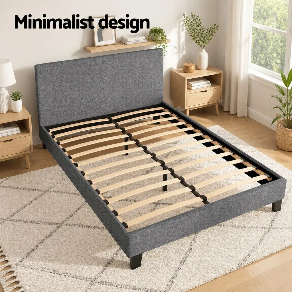 Grey Upholstered Double Bed Frame Solid Wood Modern Padded Headboard Wooden Slat Base