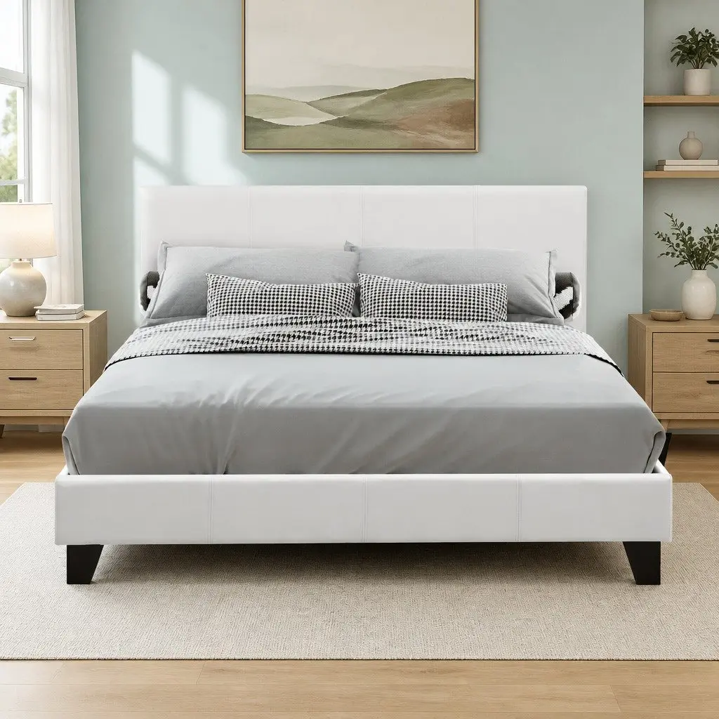 Double Bed Frame White Upholstered Padded Wooden Slat Base Heavy Duty