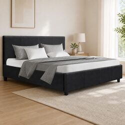 Queen Bed Frame Charcoal Upholstered Padded Wooden Slat Base Modern Bedroom