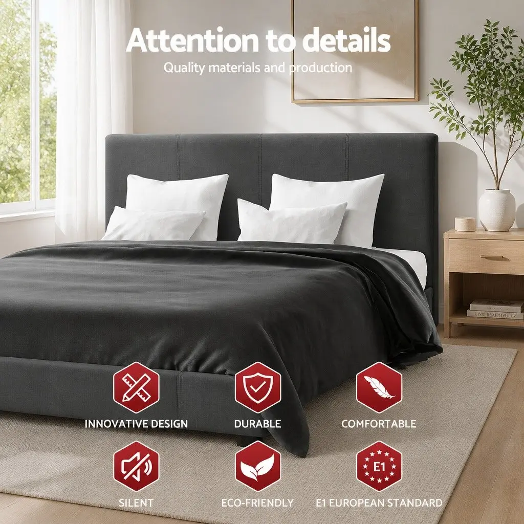 Queen Bed Frame Charcoal Upholstered Padded Wooden Slat Base Modern Bedroom