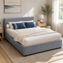 Double Bed Frame Gas Lift Storage Grey Upholstered Faux Linen Bedroom Furniture