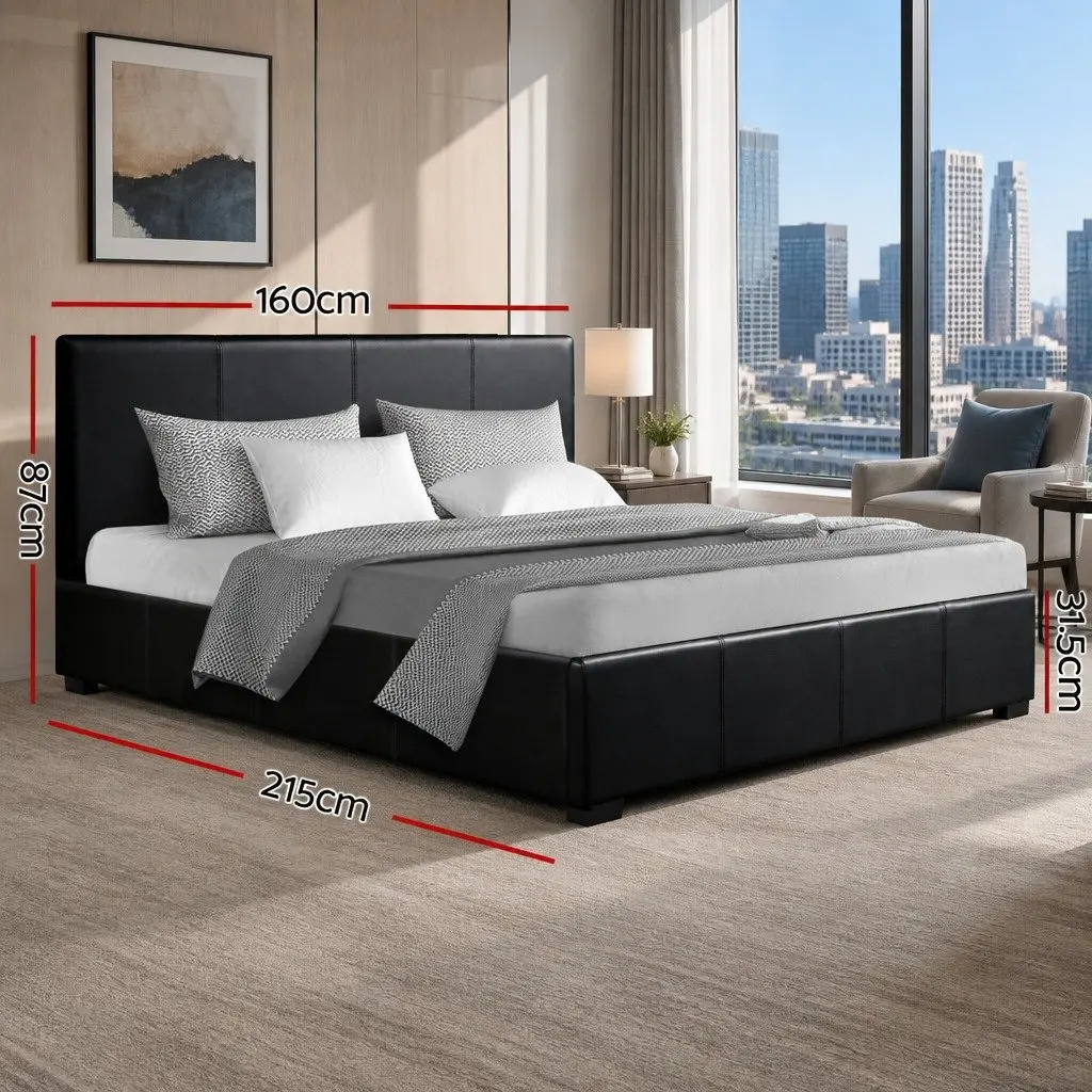 Queen Size Black Gas Lift Storage Bed Frame with Upholstered Headboard