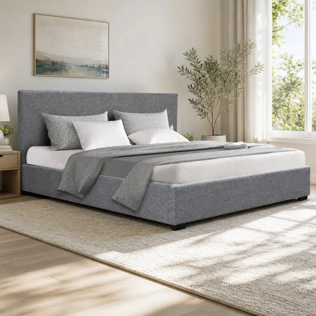 Queen Size Grey Gas Lift Bed Frame Upholstered Padded Headboard Storage