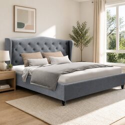 Double Bed Frame Grey Upholstered Headboard Steel Frame Wooden Slat Base