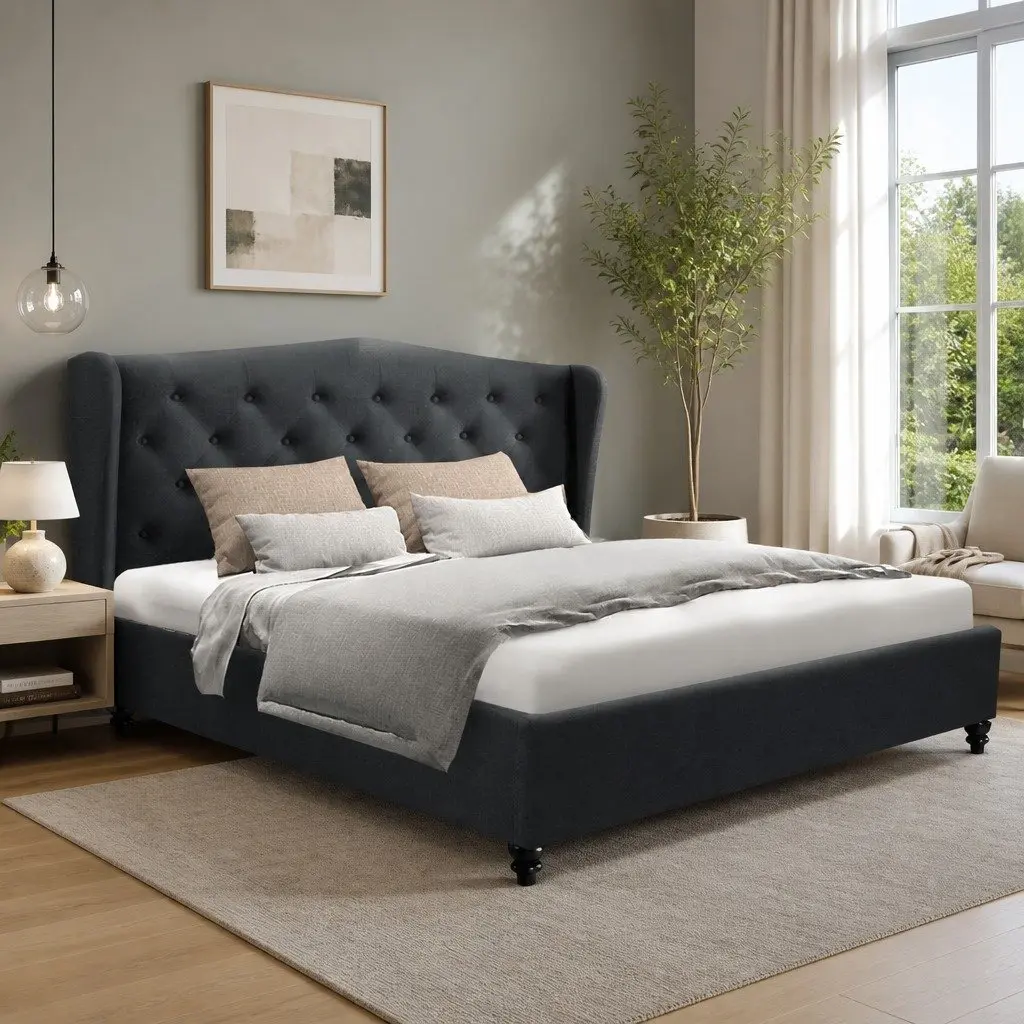 Charcoal Wing Headboard Queen Bed Frame Upholstered Steel Frame Wooden Slat Base