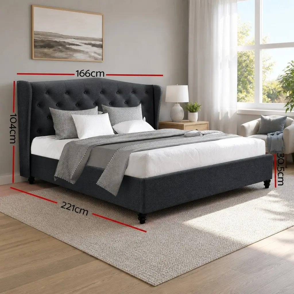 Charcoal Wing Headboard Queen Bed Frame Upholstered Steel Frame Wooden Slat Base