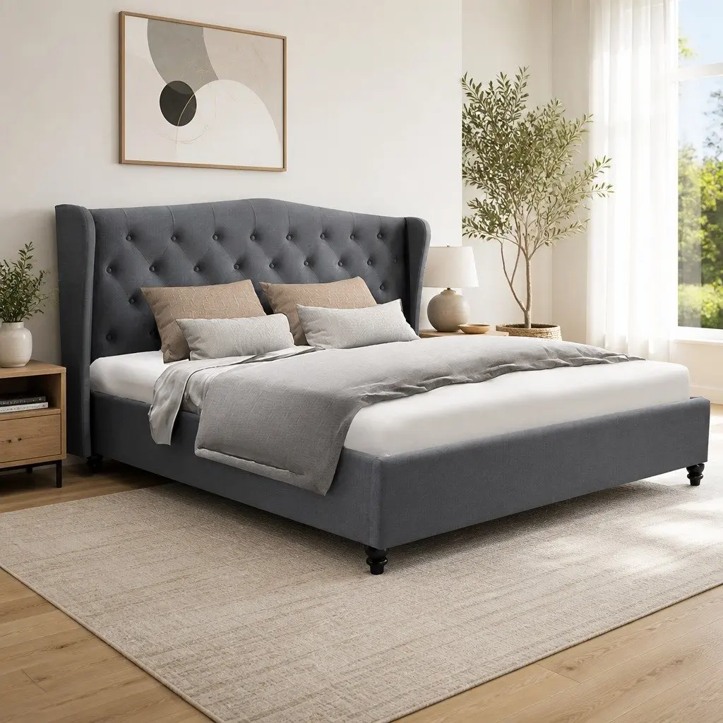 Queen Size Bed Frame Grey Upholstered Wing Headboard Tufted Padded Linen Bedroom