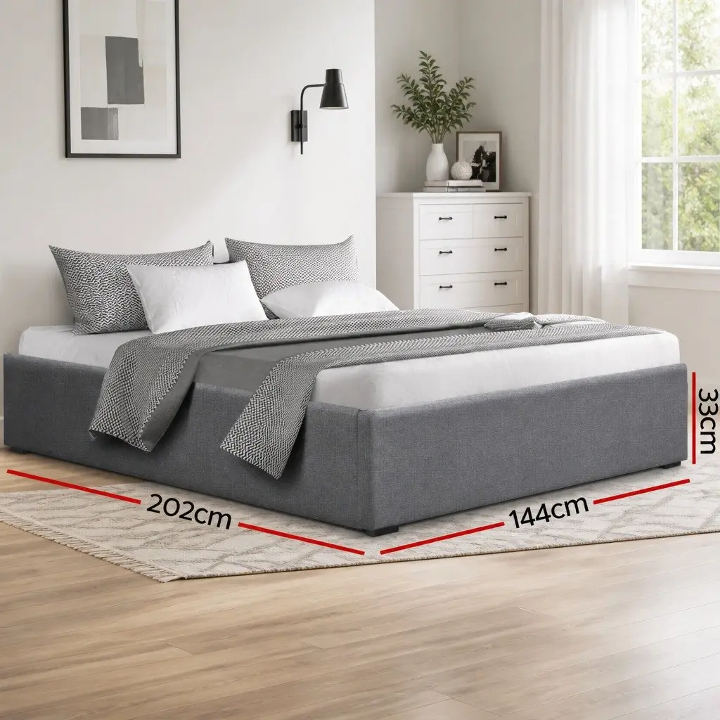 Double Bed Frame Grey Queen Size Gas Lift Storage Wooden Slat Base