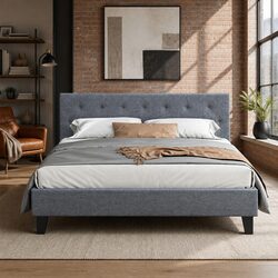 Grey Upholstered Queen Bed Frame - Simple Yet Strong