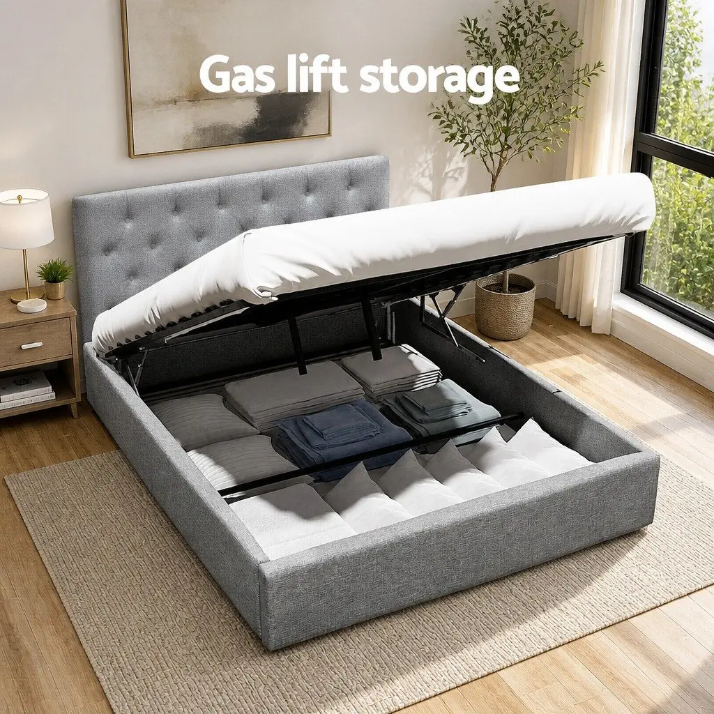 Grey Gas Lift Bed Frame with Storage Access