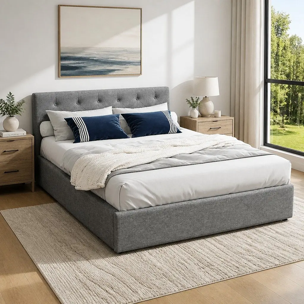 Grey Gas Lift Bed Frame with Storage Access