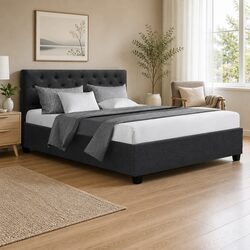 Queen Size Bed Frame Gas Lift Storage Charcoal Tufted Headboard Wooden Slat