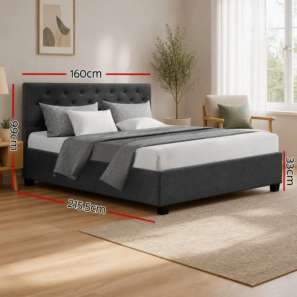 Queen Size Bed Frame Charcoal Gas Lift Storage Tufted Headboard Wooden Slat